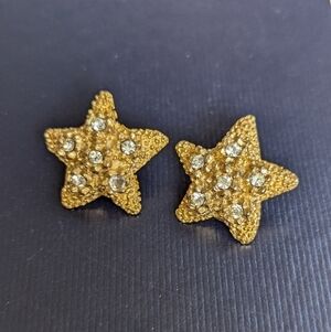 Rare Starfish gold tone clear rhinestone earrings 1", summer beach, unique clasp